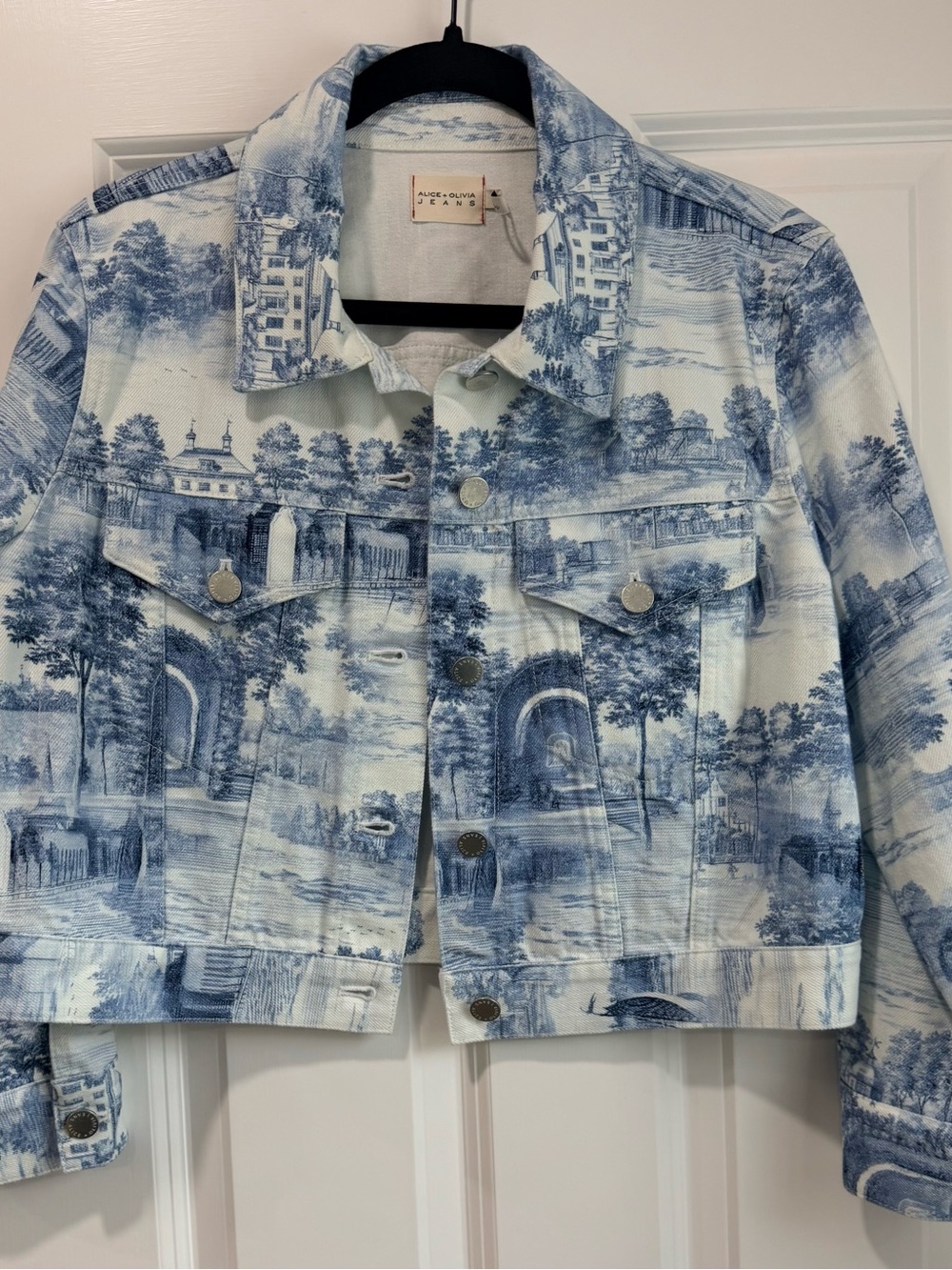 Alice + Olivia Blue Toile Cropped Jean Jacket